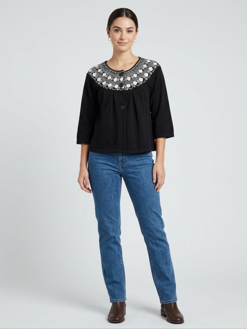 RXB RXB M Black Embroidered Yoke Cotton Babydoll Cardigan Top Medium